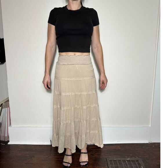In Loom Bohemian Tan Tiered Flowy Midi Skirt Size Small - Picture 1 of 5